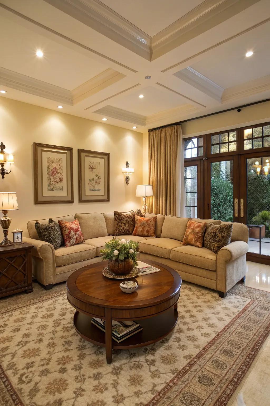 An oval coffee table brings elegance and functionality to a sectional setup.