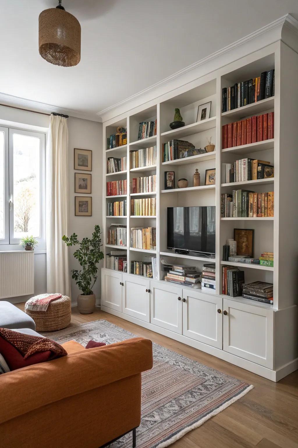 Vertical storage helps keep your living room organized without sacrificing floor space.