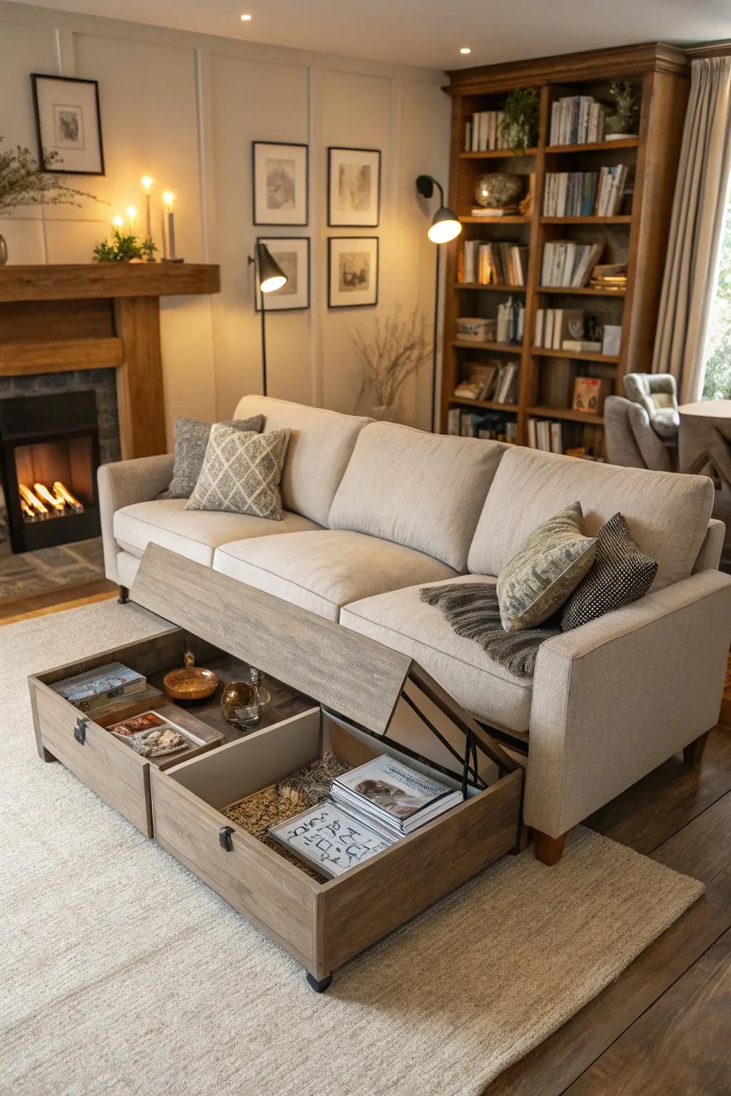 Multifunctional furniture maximizes utility in a compact space.