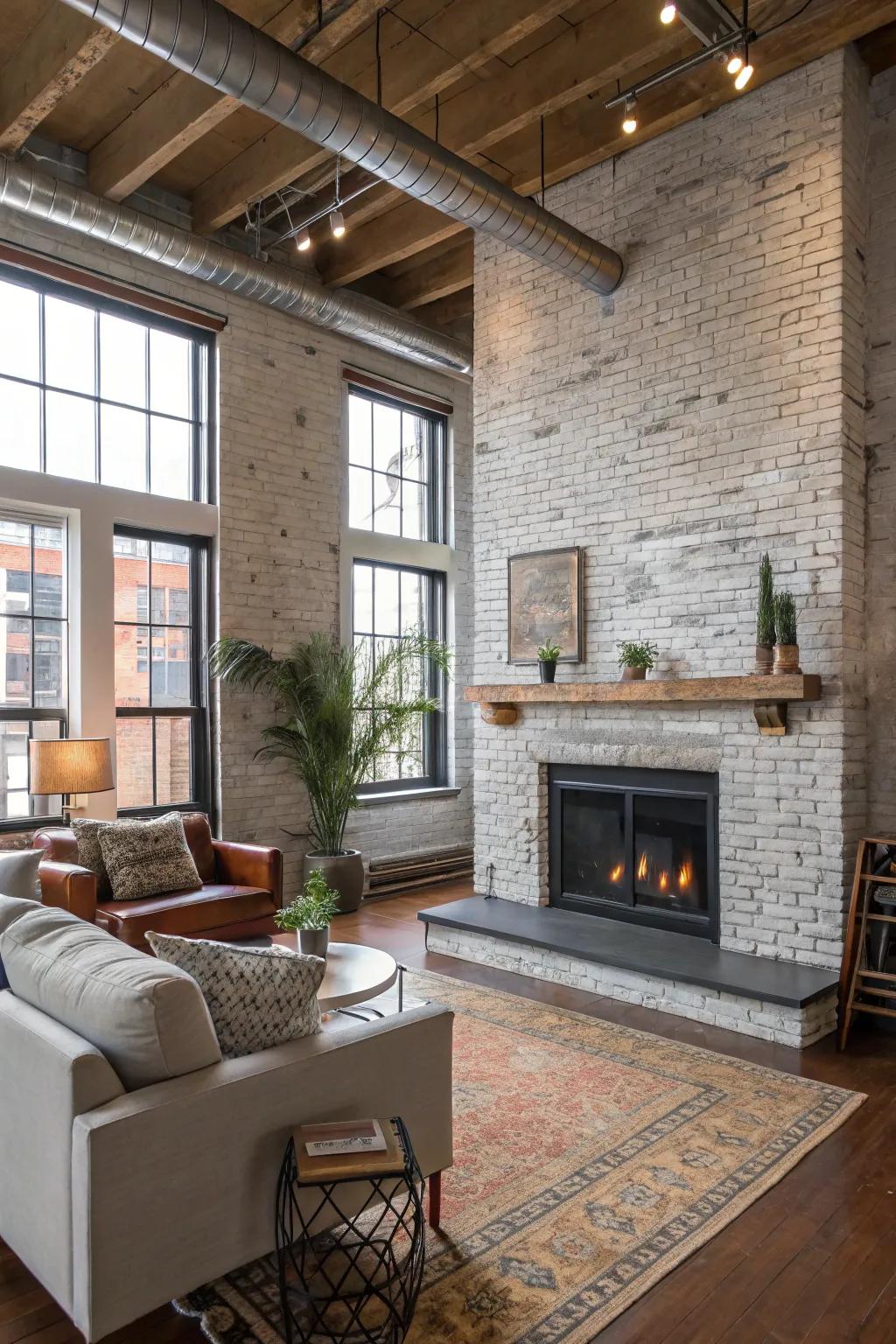 Metallic accents add industrial flair to a painted fireplace.