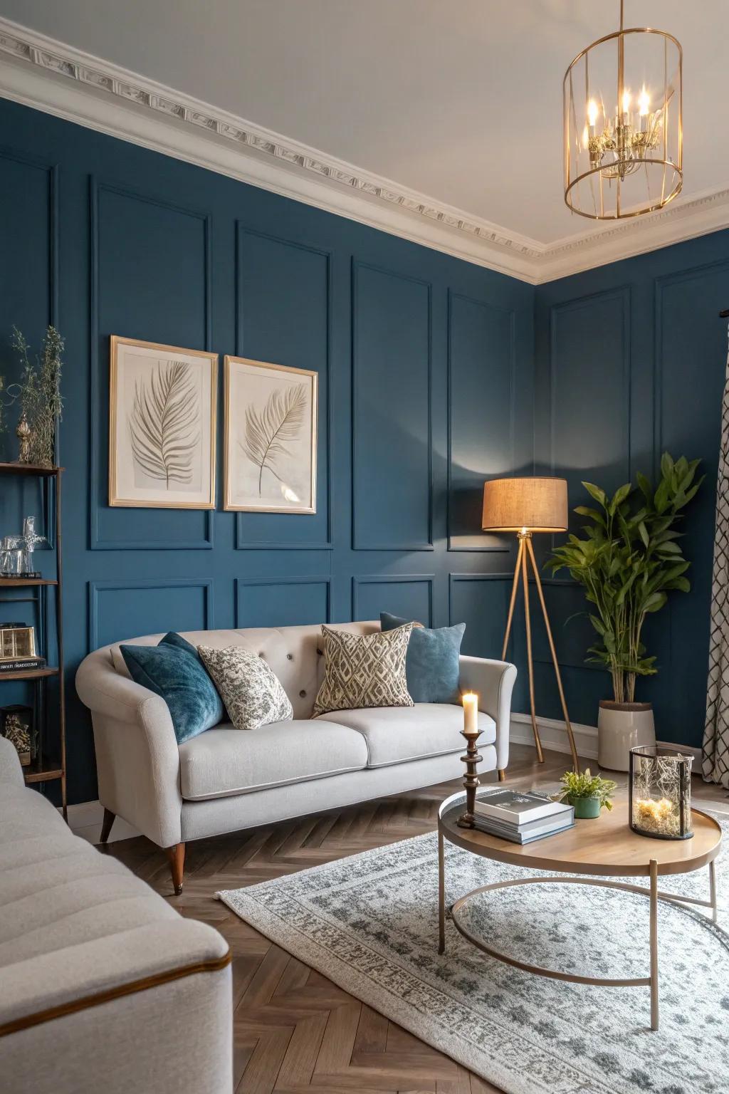 A deep blue accent wall adds a dramatic flair to this sophisticated living room.