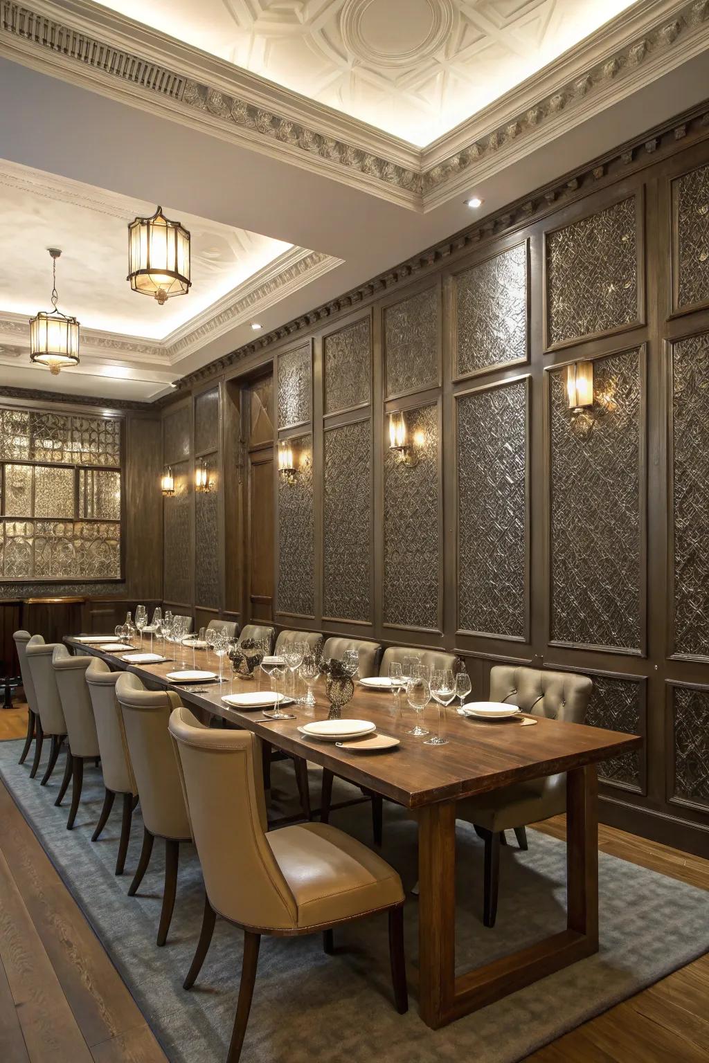 Entice guests to interact via tactile wainscoting.