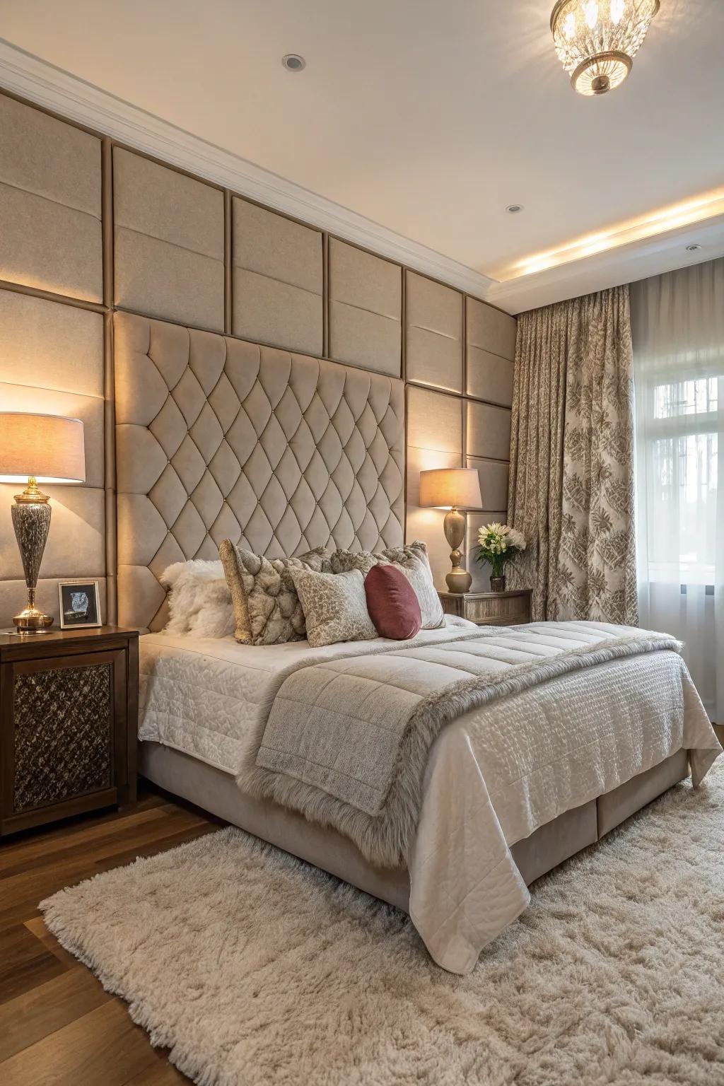 Incorporate comfort via upholstered wainscoting within your boudoir.