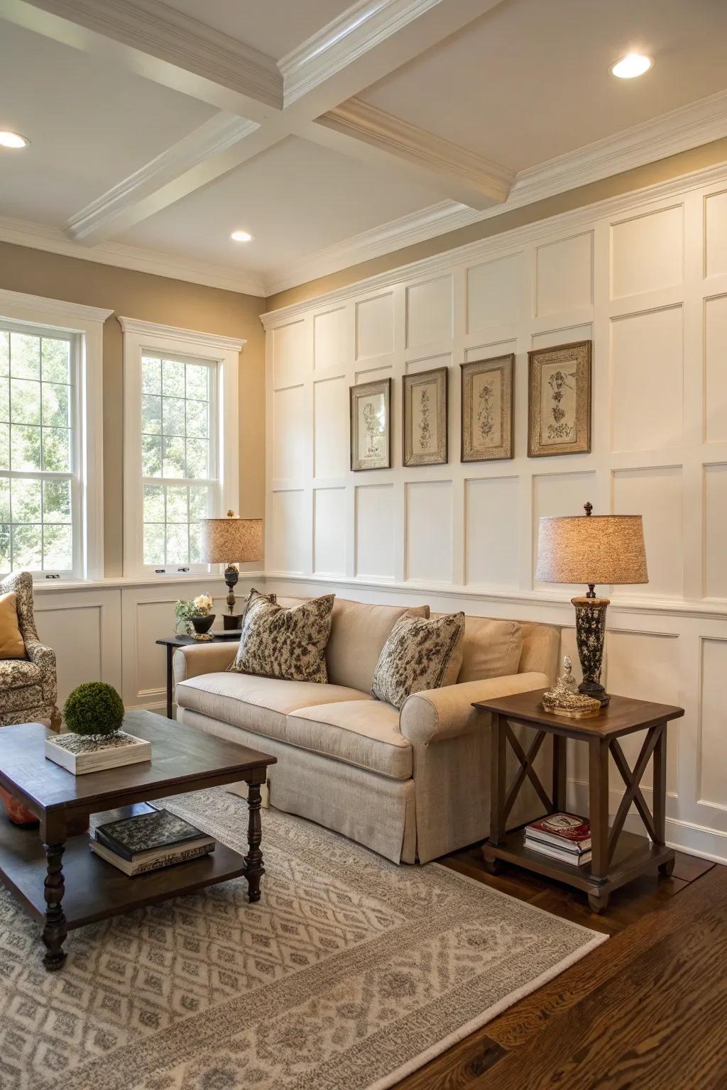 Infuse your living area with the uncomplicated charm of board and batten wainscoting.