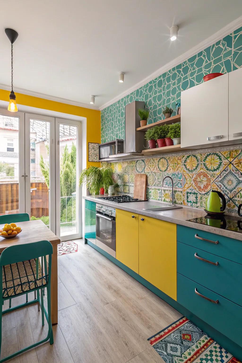 Inject personality via colorful wainscoting within your culinary space.