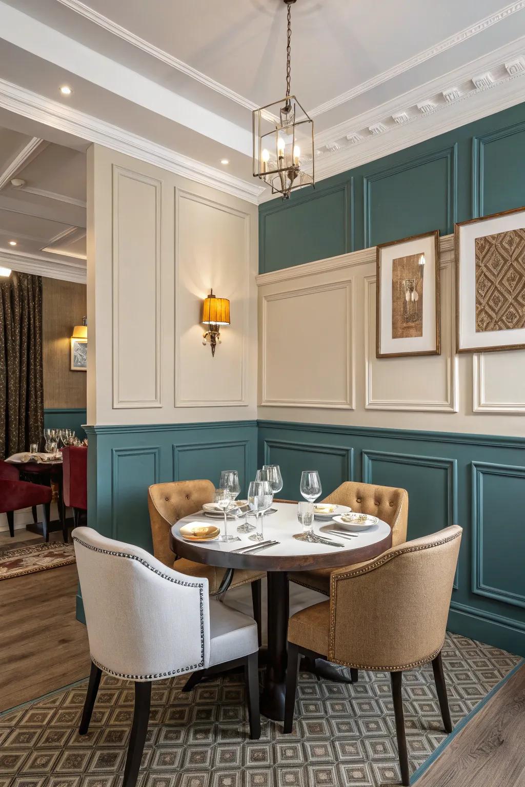 Design a dramatic impact with bi-chromatic wainscoting.