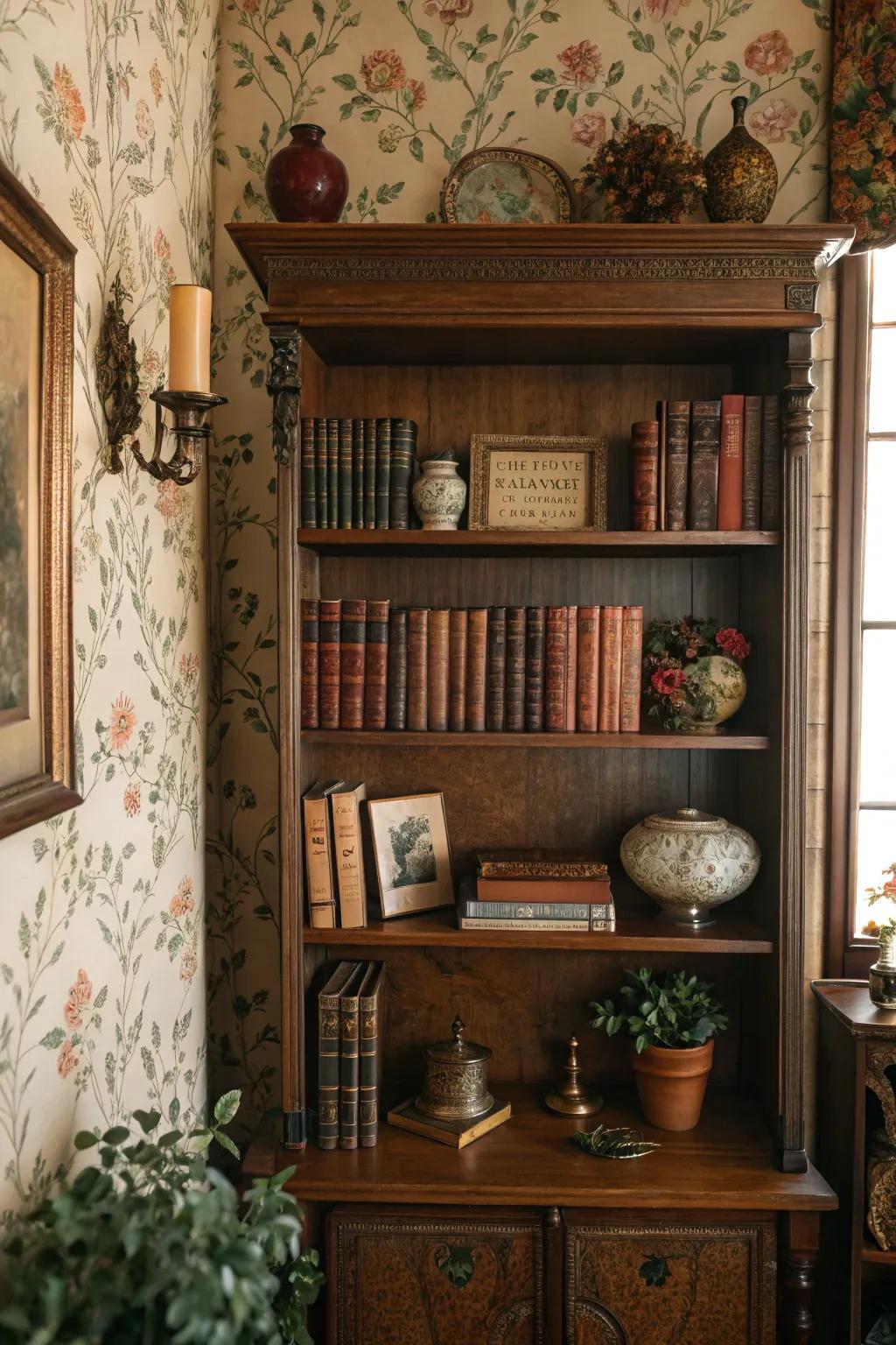 A bookshelf showcasing vintage floral wallpaper for a hint of sentimentality.