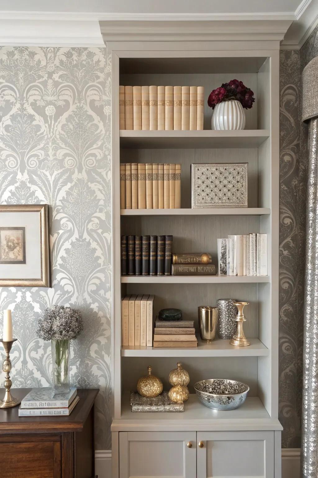 Bookshelf showcasing silver damask wallpaper, projecting an elegant and timeless visual.