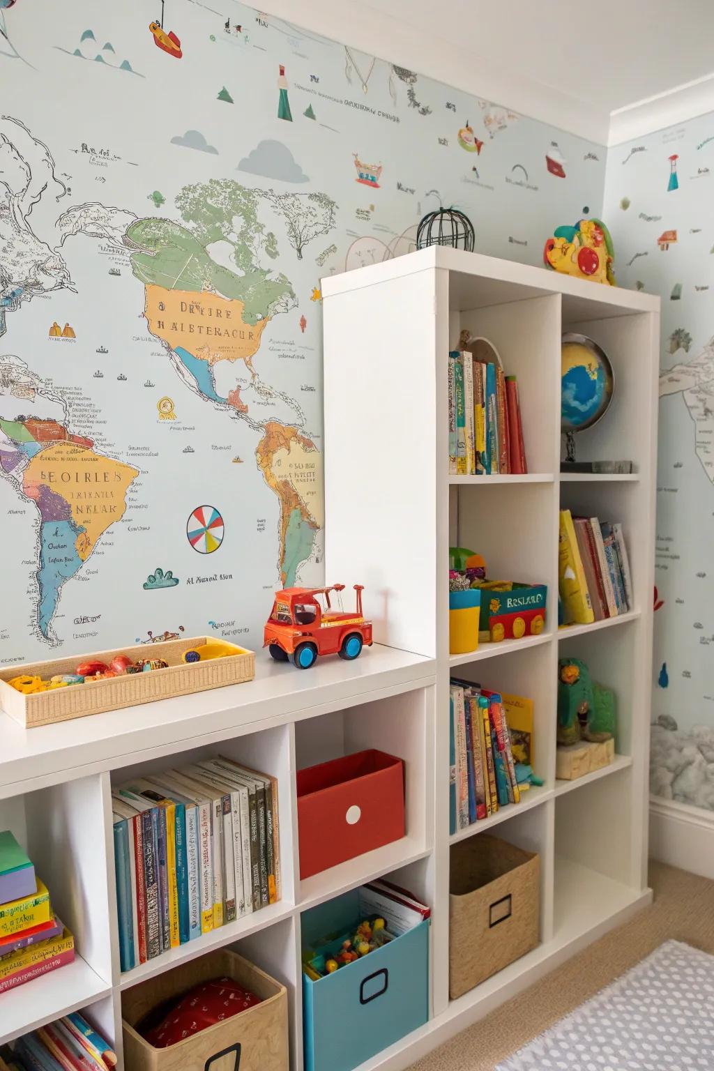 Bookshelf in a child's space presenting playful map wallpaper.