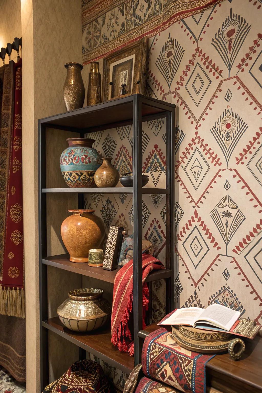Bookshelf showcasing ethnic design wallpaper, projecting a rich and cultural flair.