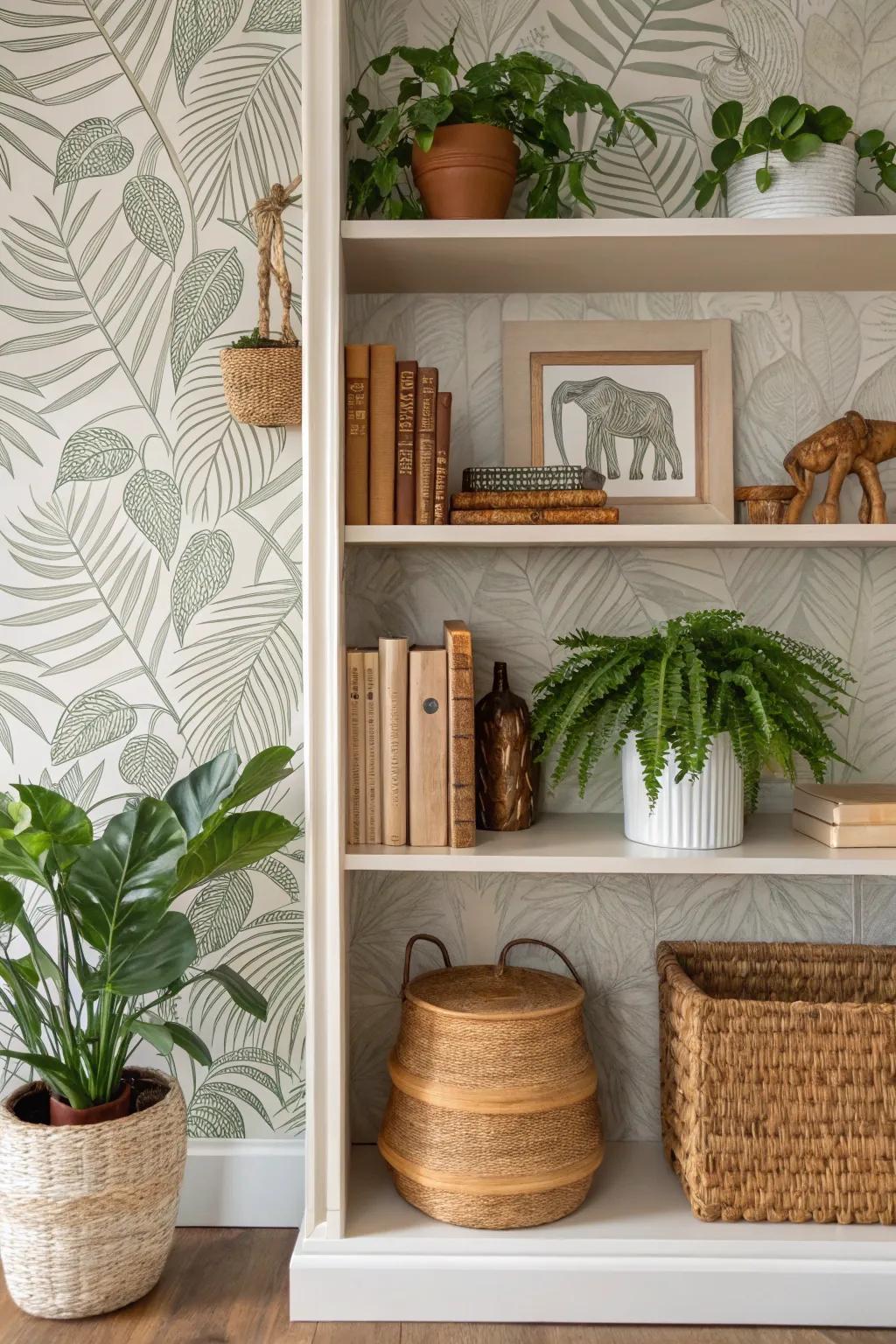 Bookshelf showcasing foliage texture wallpaper, projecting a tranquil and earthy ambiance.
