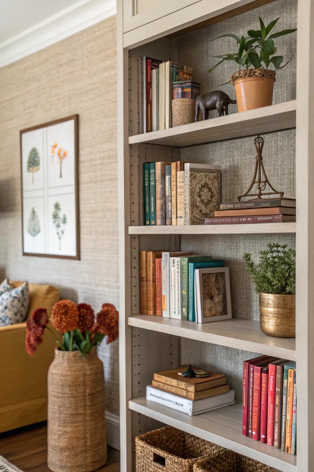 Bookshelf embellished with textured grasscloth wallpaper, projecting a welcoming and cozy sensation.