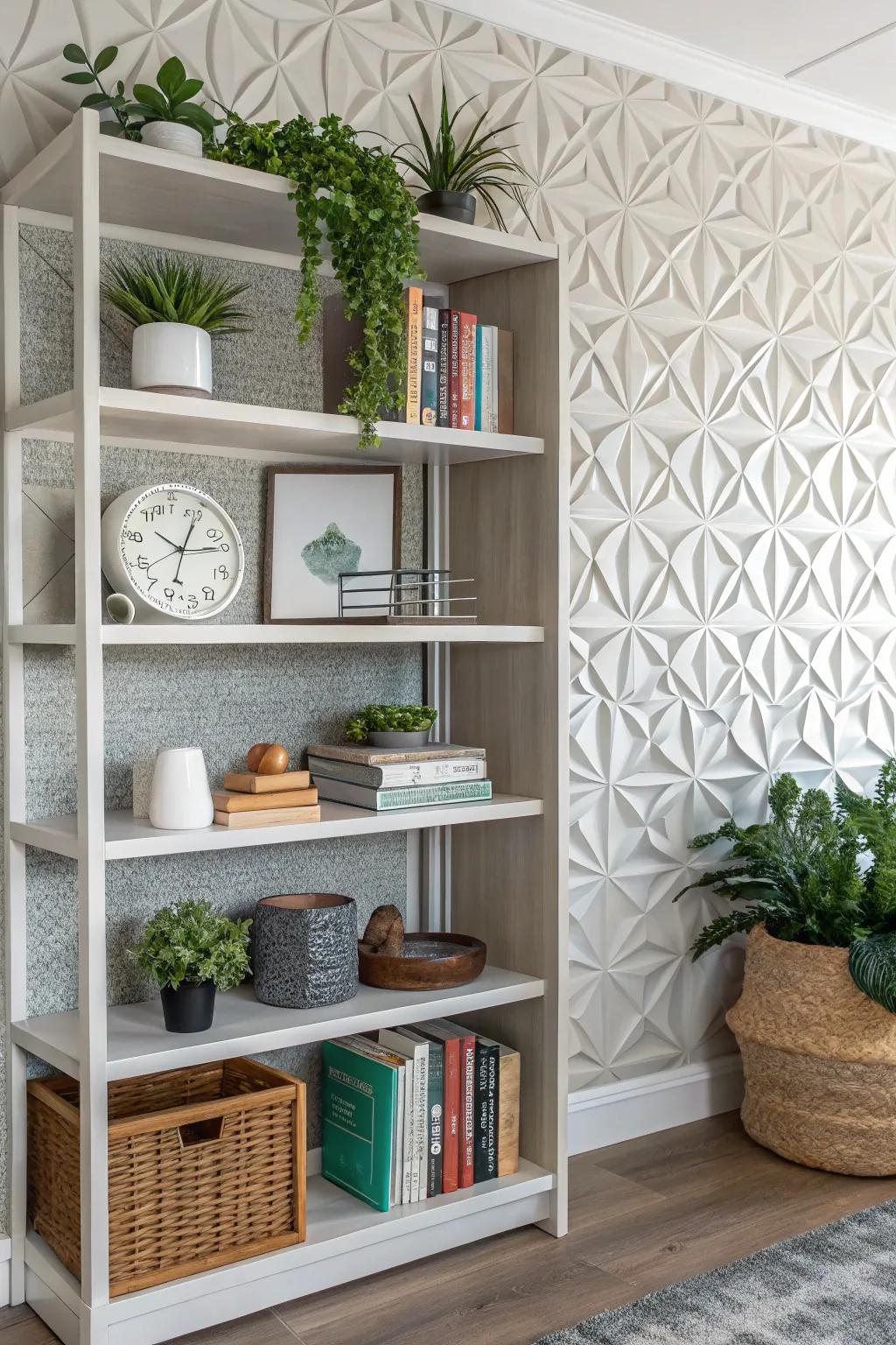 Bookshelf showcasing three-dimensional textured wallpaper for appended profundity and fascination.