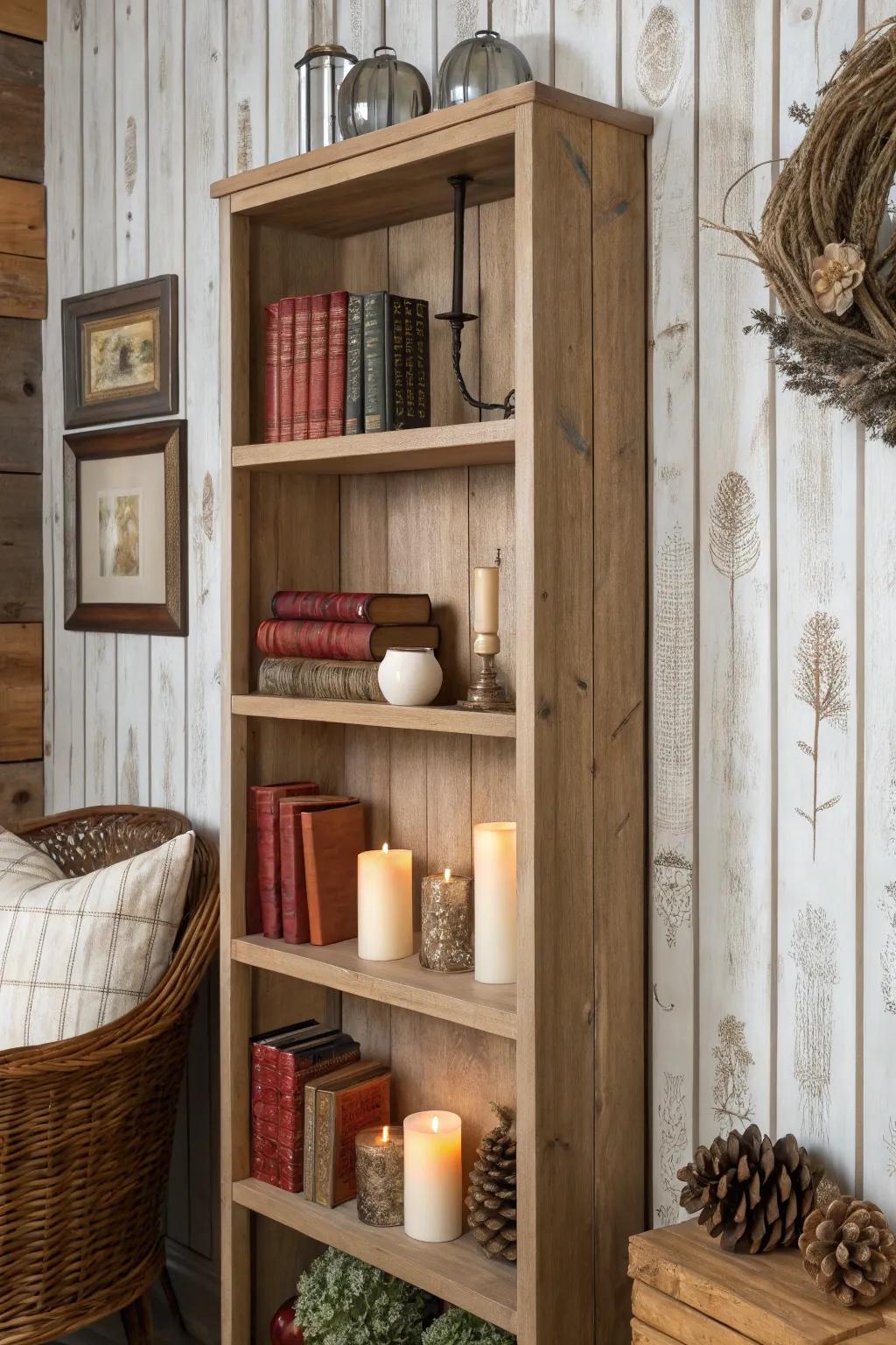 Bookshelf showcasing wood-simulating wallpaper, projecting a rustic and charming sensation.