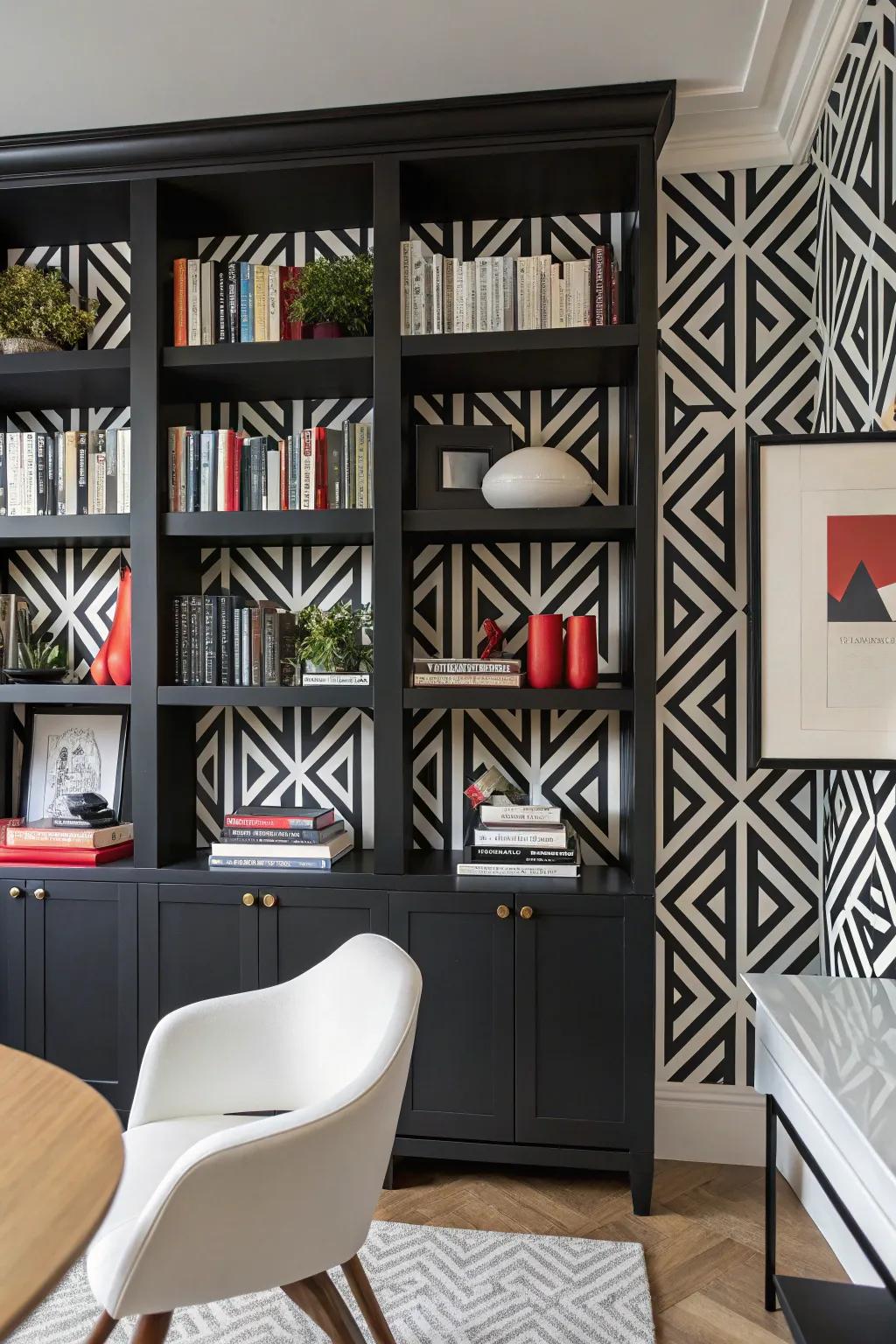Bookshelf showcasing a prominent black-and-white geometric wallpaper.