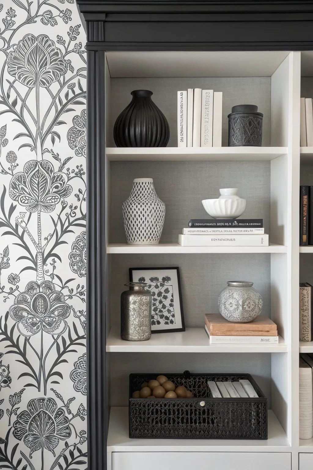 Bookshelf showcasing black and white wallpaper, projecting a contemporary and contrasting visual.