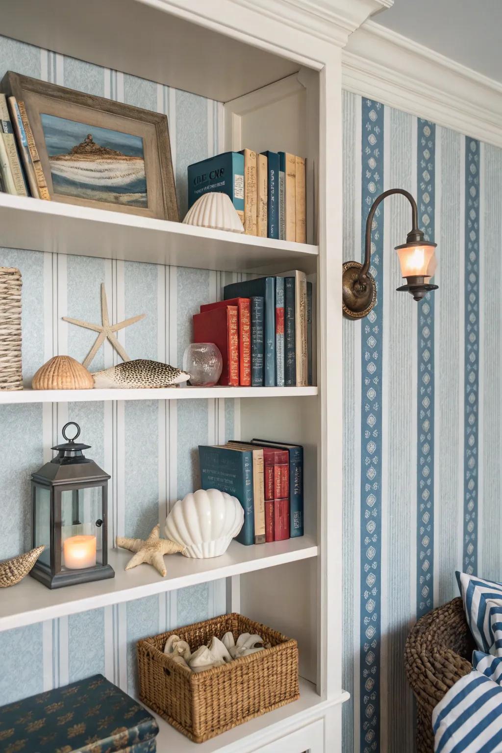 Bookshelf showcasing nautical striped wallpaper, projecting a coastal and refreshing sensation.
