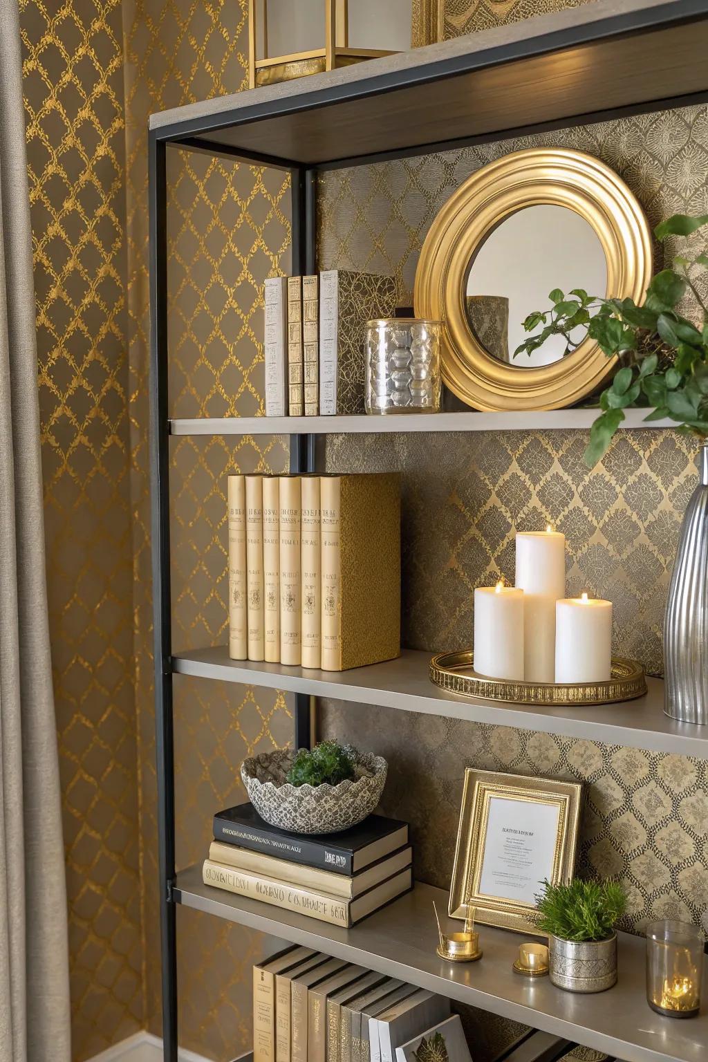 Bookshelf presenting delicate gold metallic wallpaper, imparting a sumptuous element.