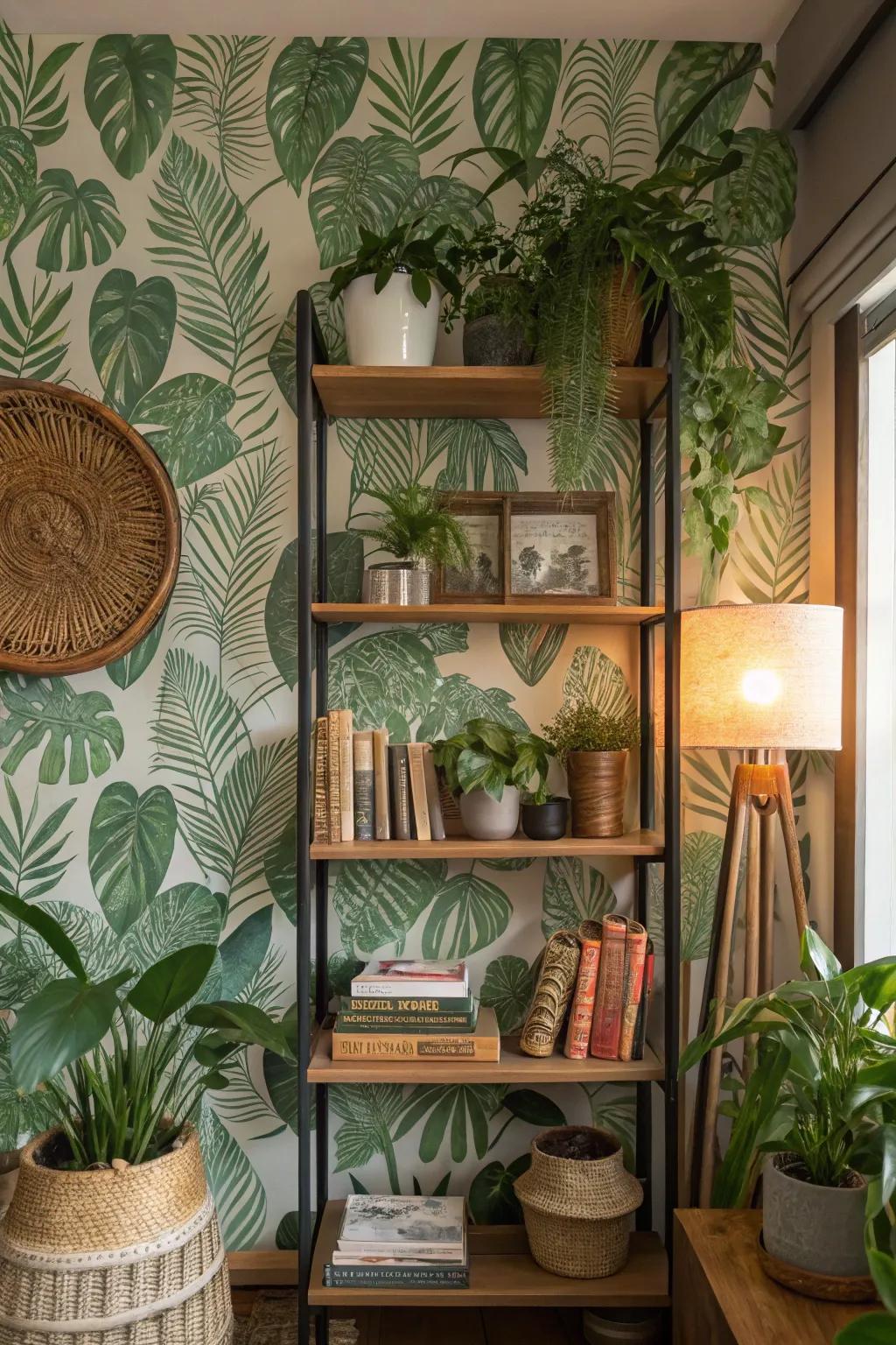 Bookshelf showcasing verdant botanical wallpaper for an invigorating natural aesthetic.