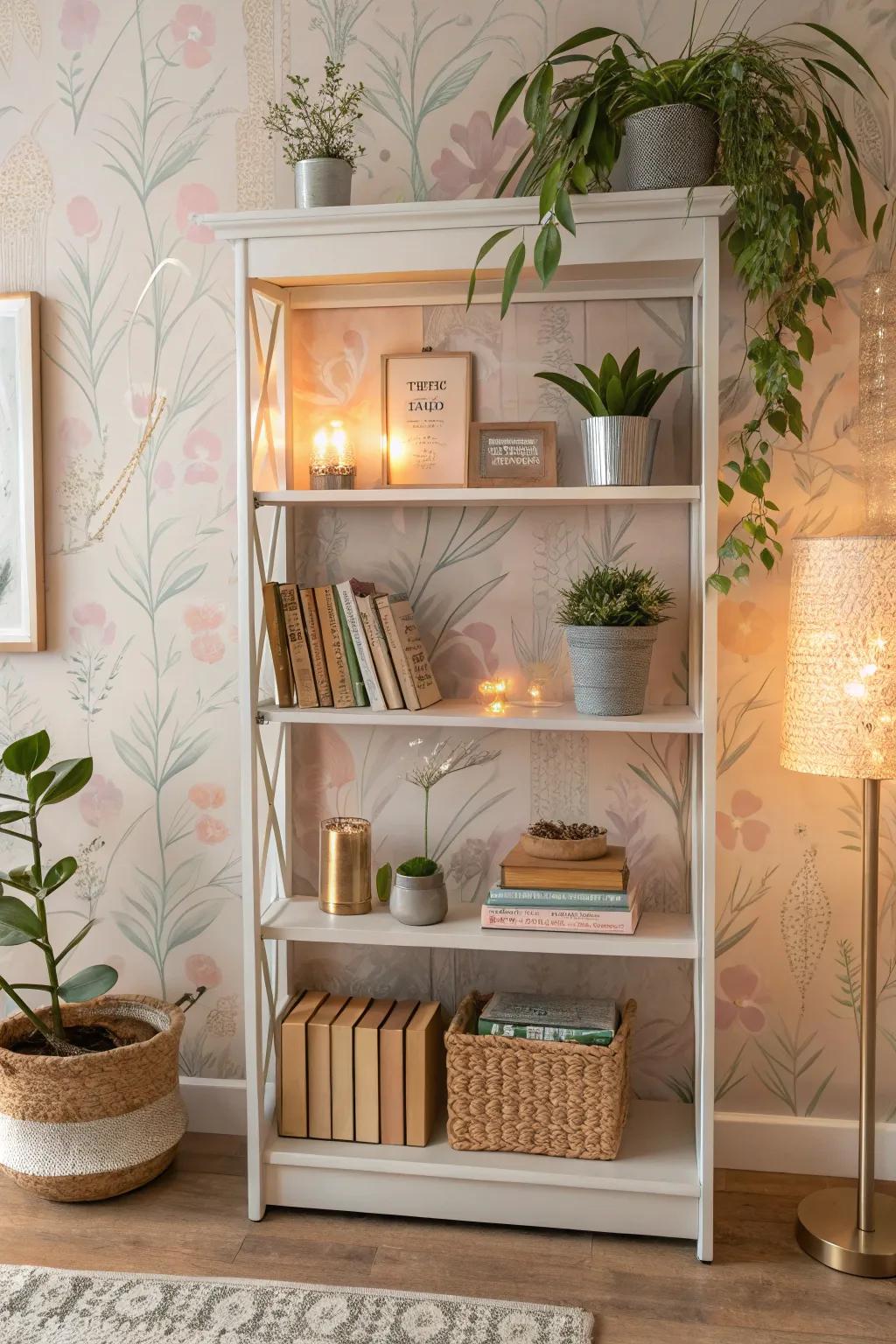 Bookshelf showcasing gentle pastel wallpaper for a serene reading alcove.