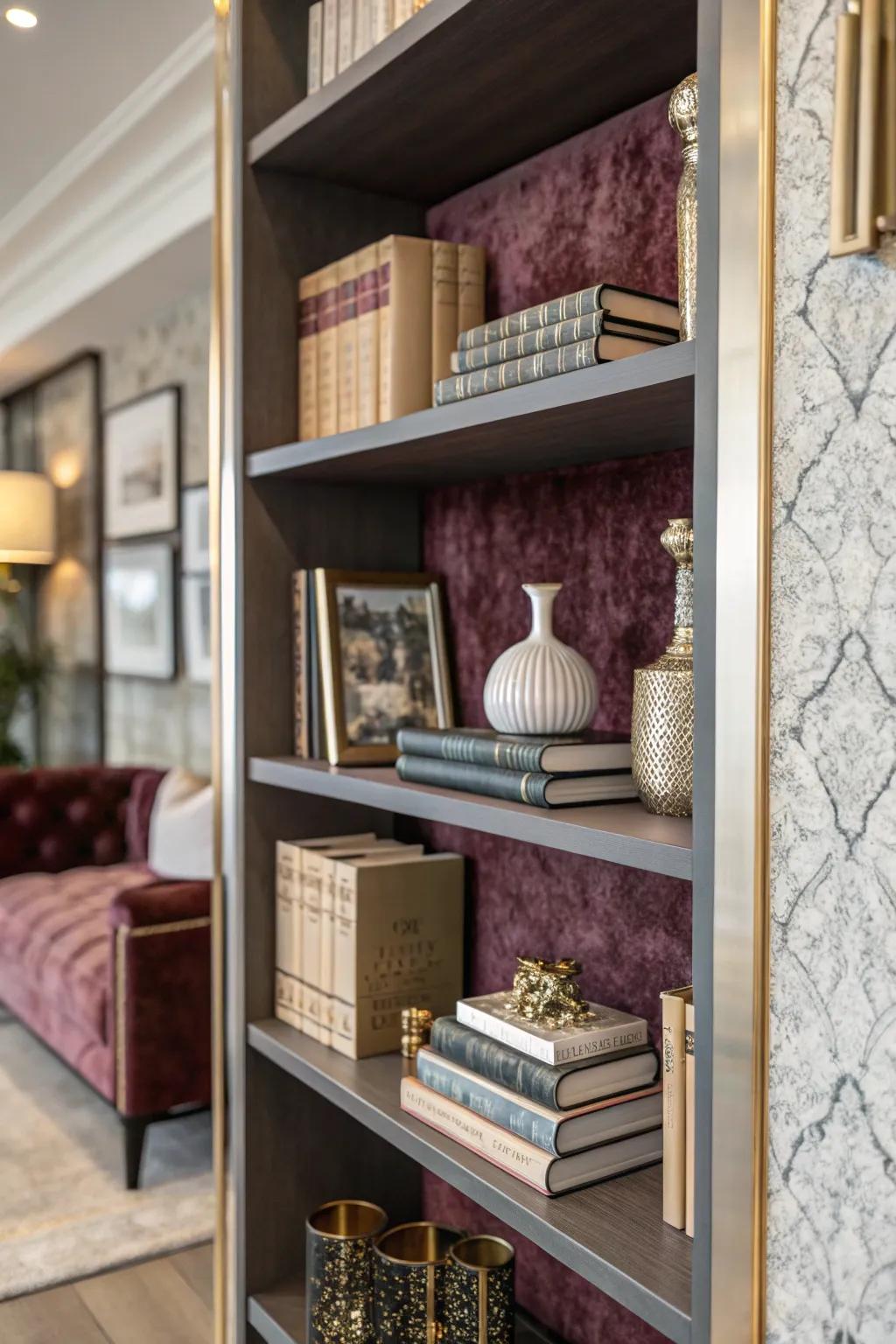 Bookshelf showcasing velvet-simulating wallpaper, imparting an opulent element.