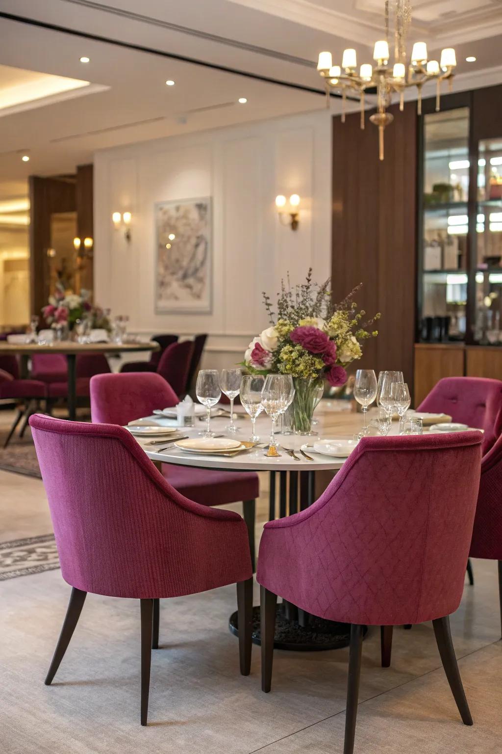 Purple dining chairs introduce drama and flair to this refined feasting space.