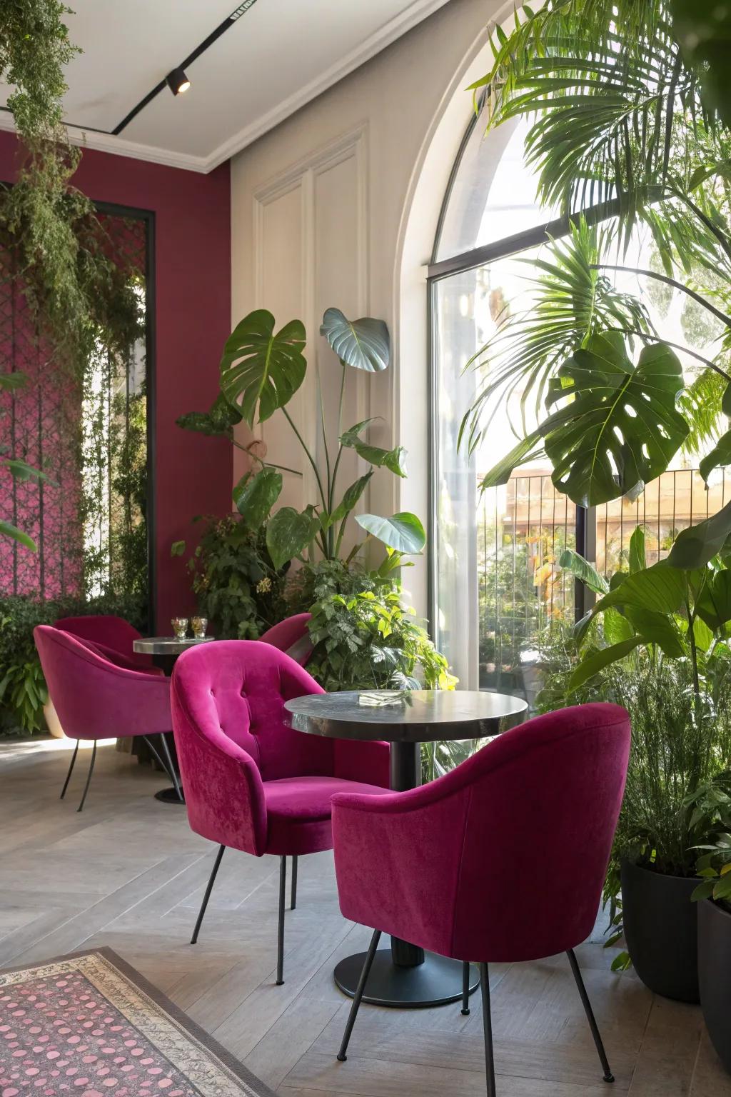 Purple and green create a refreshing and vibrant blend in this inviting space.
