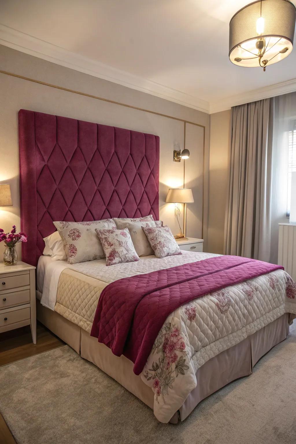 A purple headboard makes a bold statement in this elegant sleeping chamber.