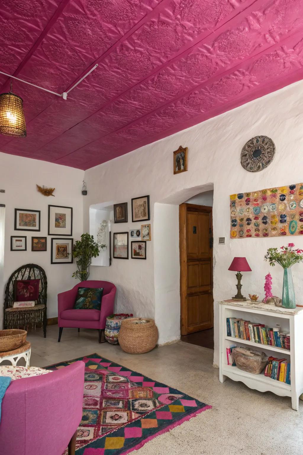 A purple overhead plane injects an unexpected and theatrical twist into this eclectic room.