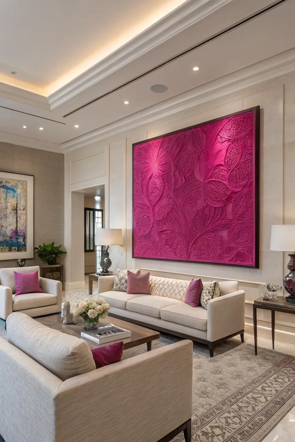 A substantial purple art piece functions as a striking focal point in this contemporary room.