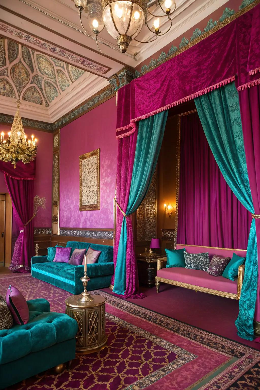 Purple and gem tones combine to create an opulent and lavish setting.