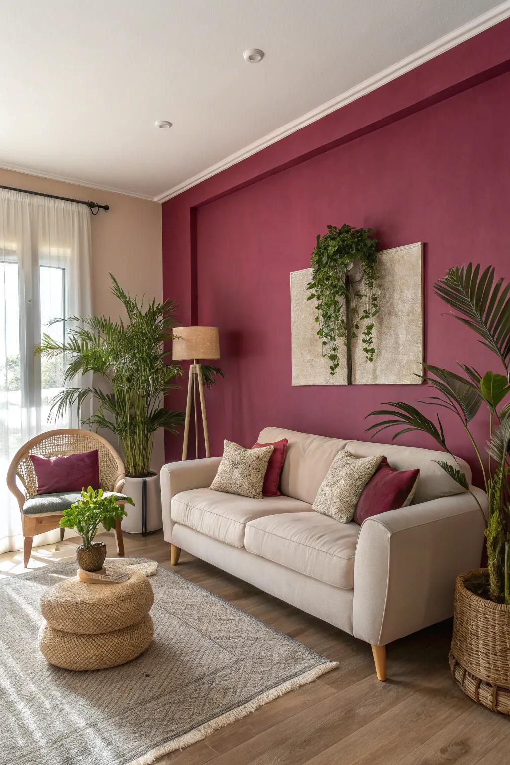 A purple accent wall infuses just the right measure of boldness into this inviting living space.