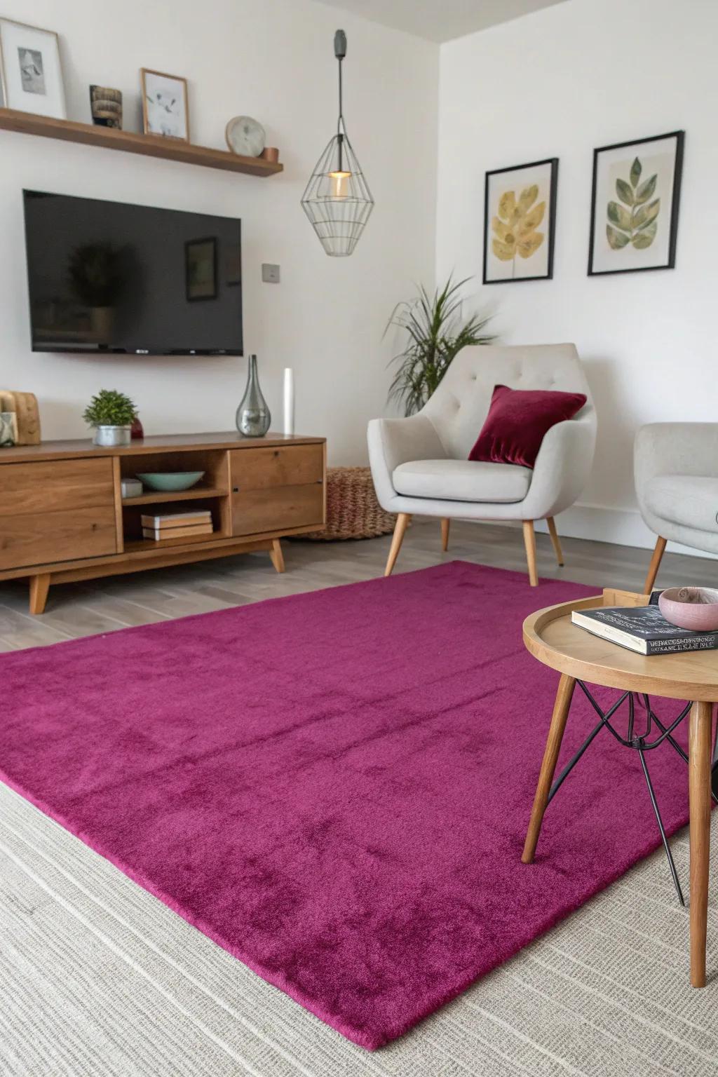 A vibrant purple rug beautifully unifies this contemporary living space.