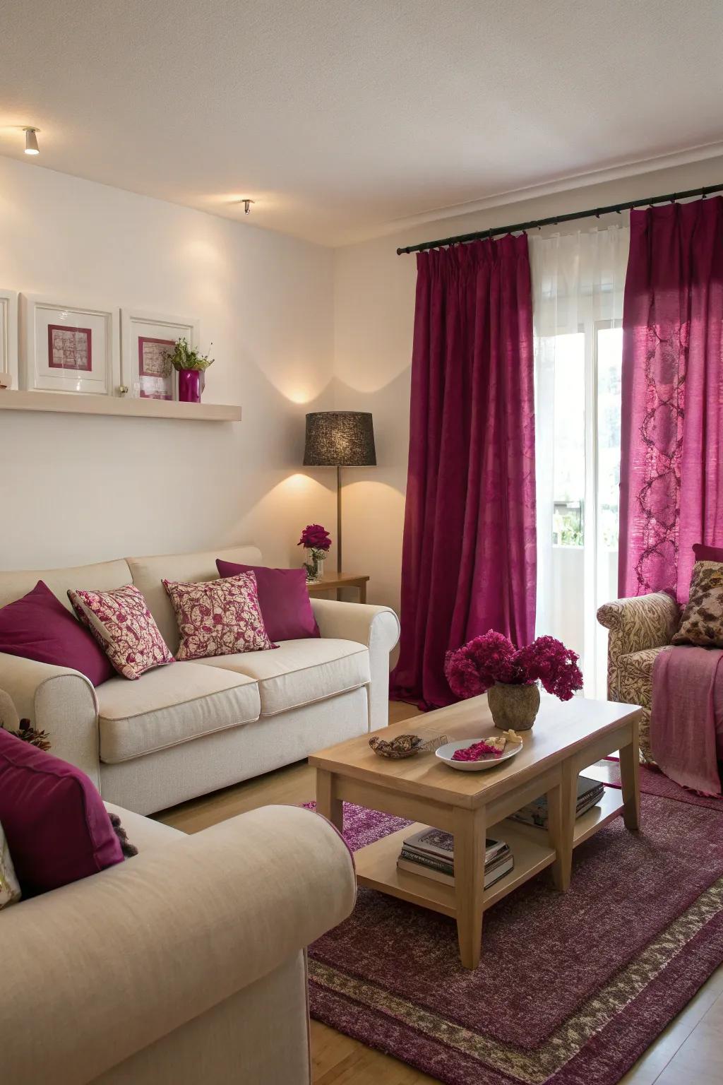 Purple features alongside neutral tones craft a balanced and welcoming living space.