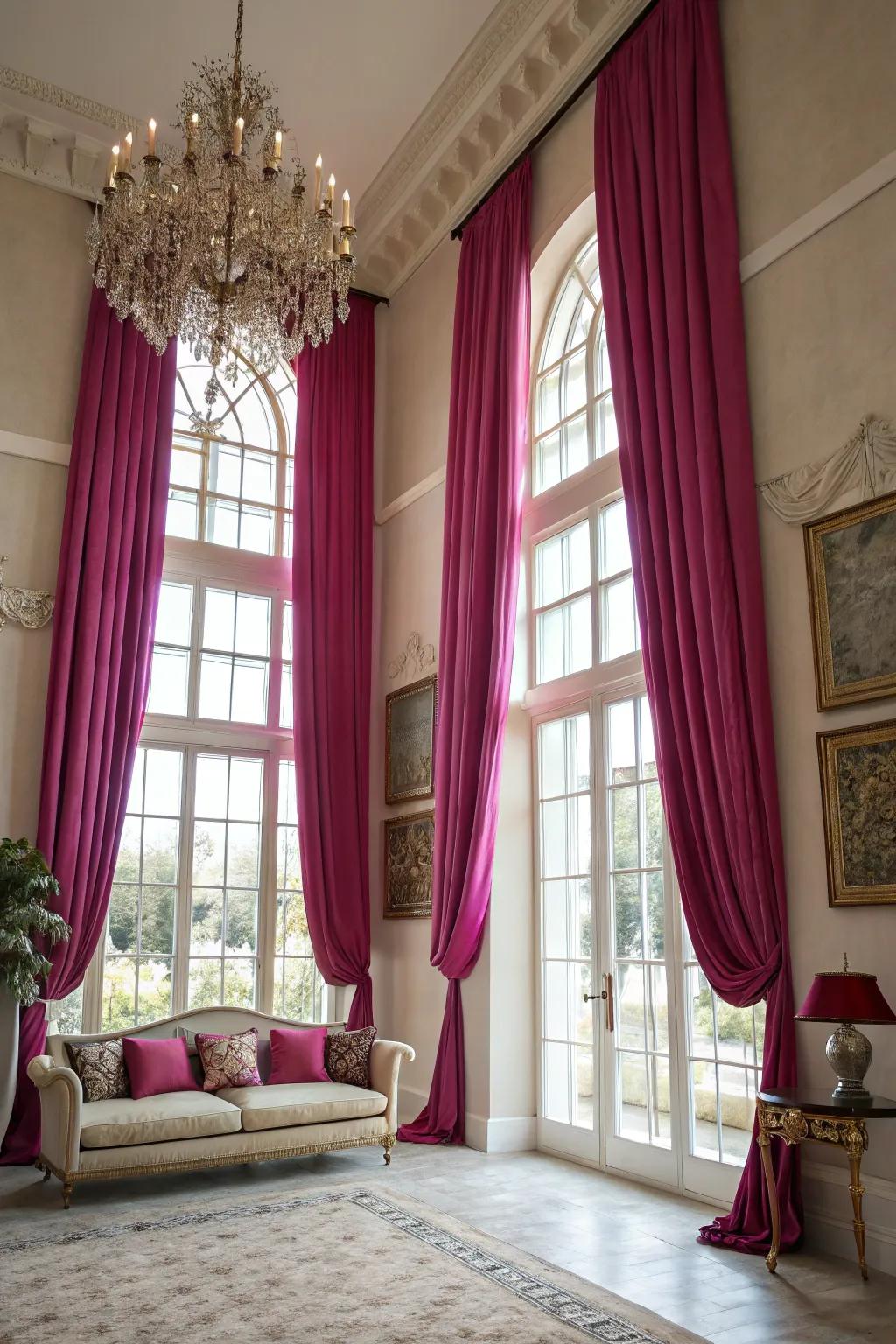 Purple curtains introduce both drama and sophistication to this beautifully adorned space.