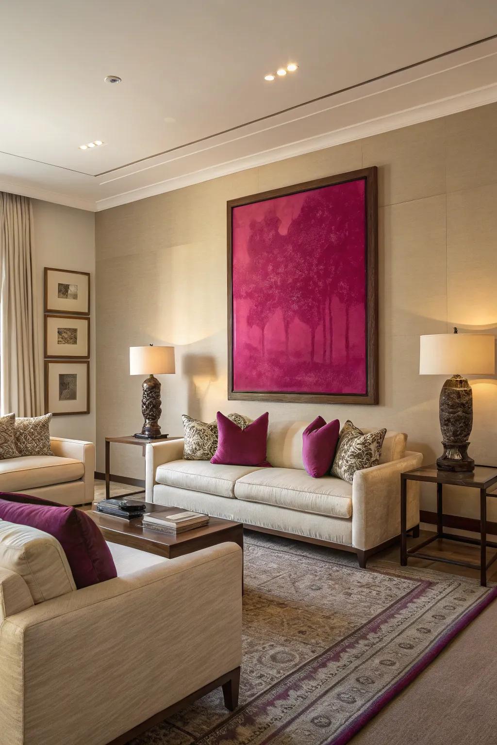 Dramatic purple artwork breathes energy and creativity into this living space.