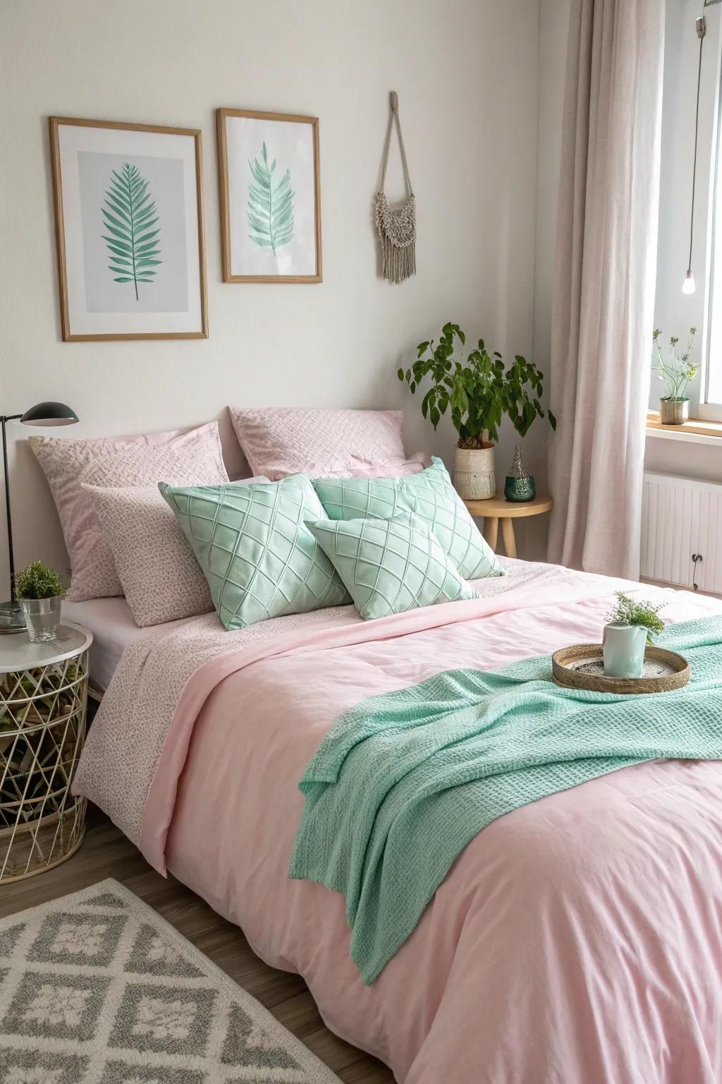 Soft pink and green combine to form a serene and harmonious bedroom setting.
