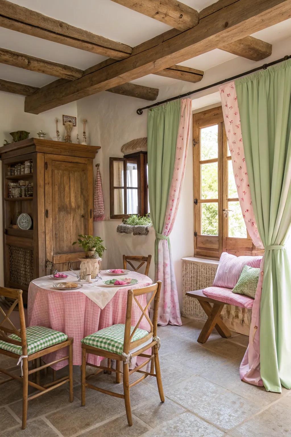 Wooden furniture with pink and green textiles creates a homespun appeal.