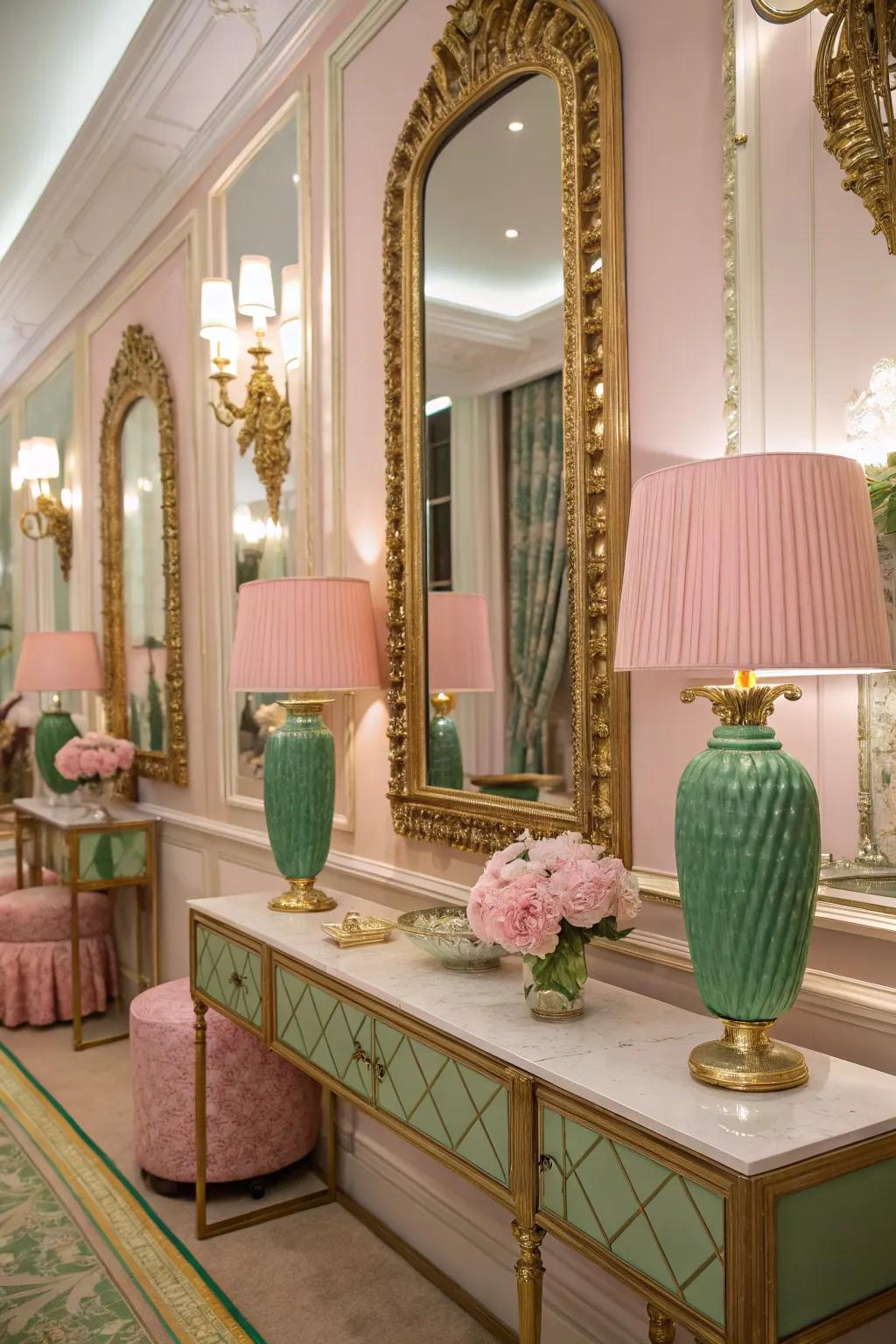 Golden details enhance the luxurious feel of pink and green decor.