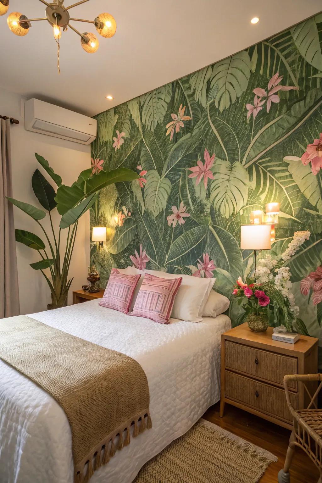 Botanical wallpaper showcasing abundant greens and pinks creates a peaceful bedroom escape.