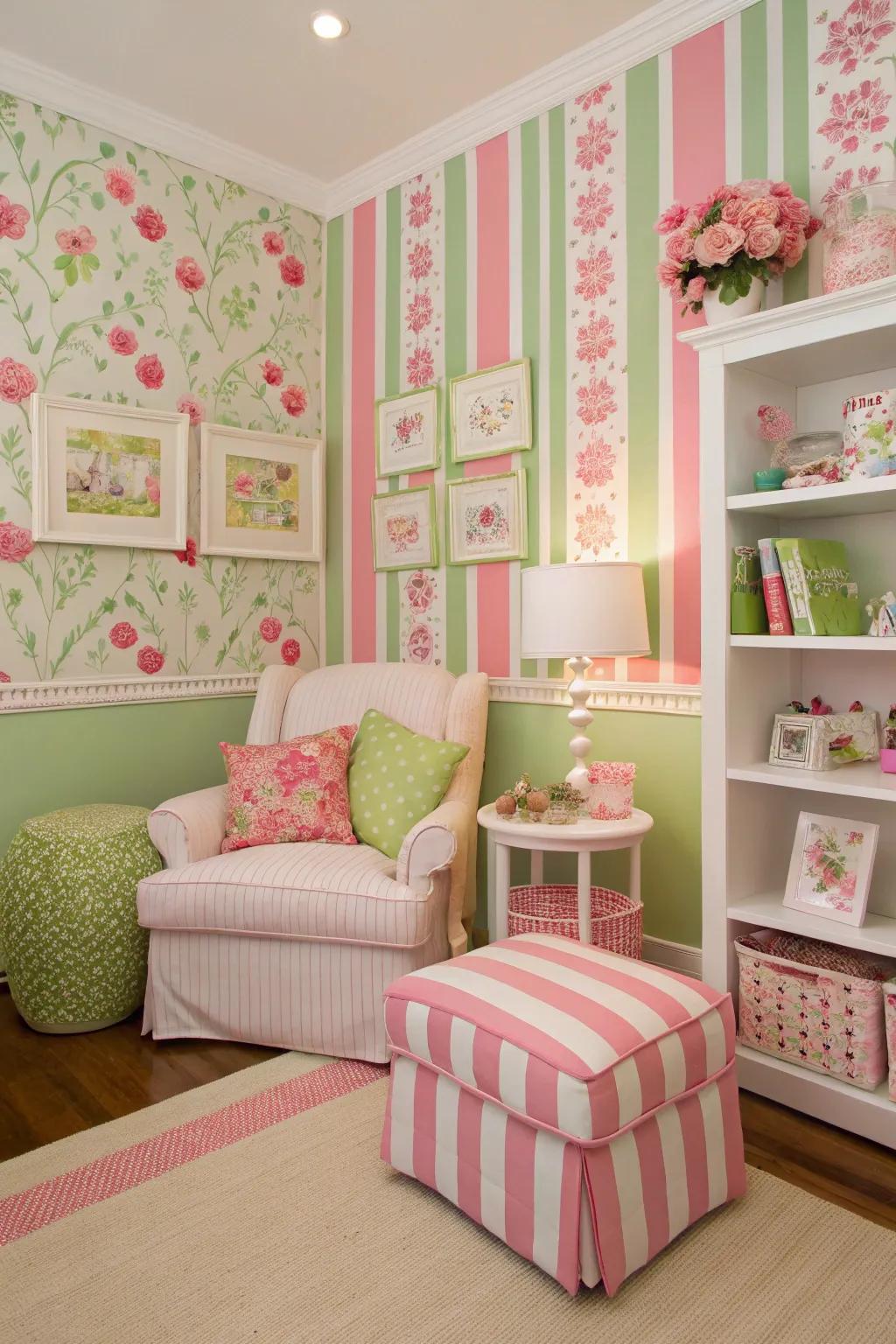 A playful combination of patterns in pink and green for vibrant room decor.
