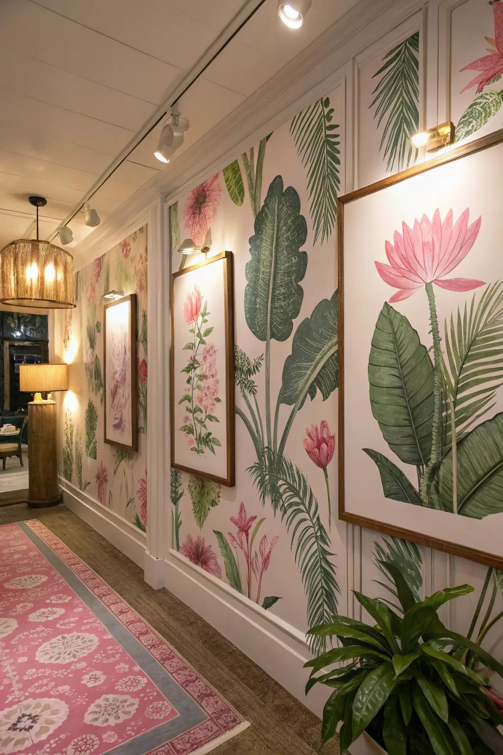 Artwork inspired by nature with pink and green botanical prints elevates the decor.
