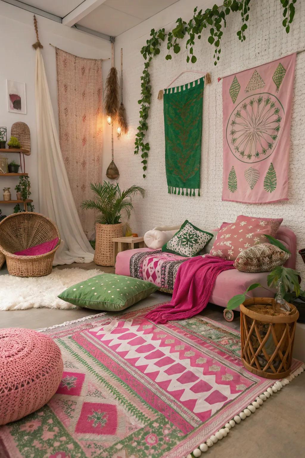 Layered textures in pink and green create a bohemian flair.