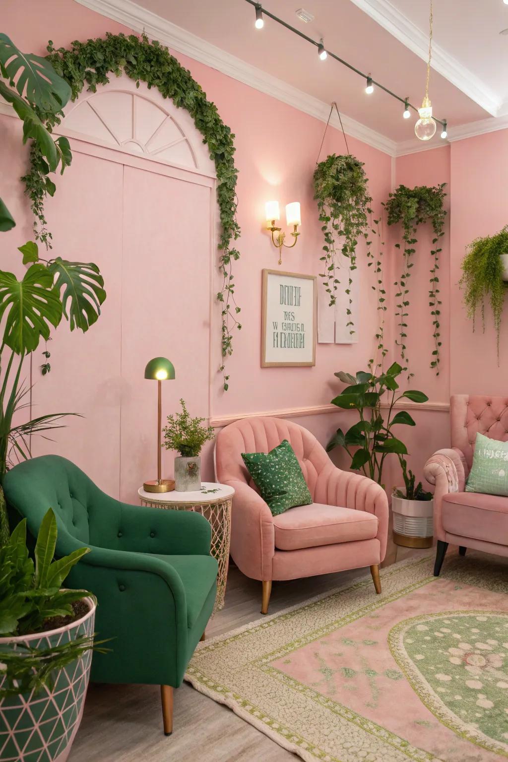 Delicate pink walls combined with verdant decor elements result in a quirky escape.