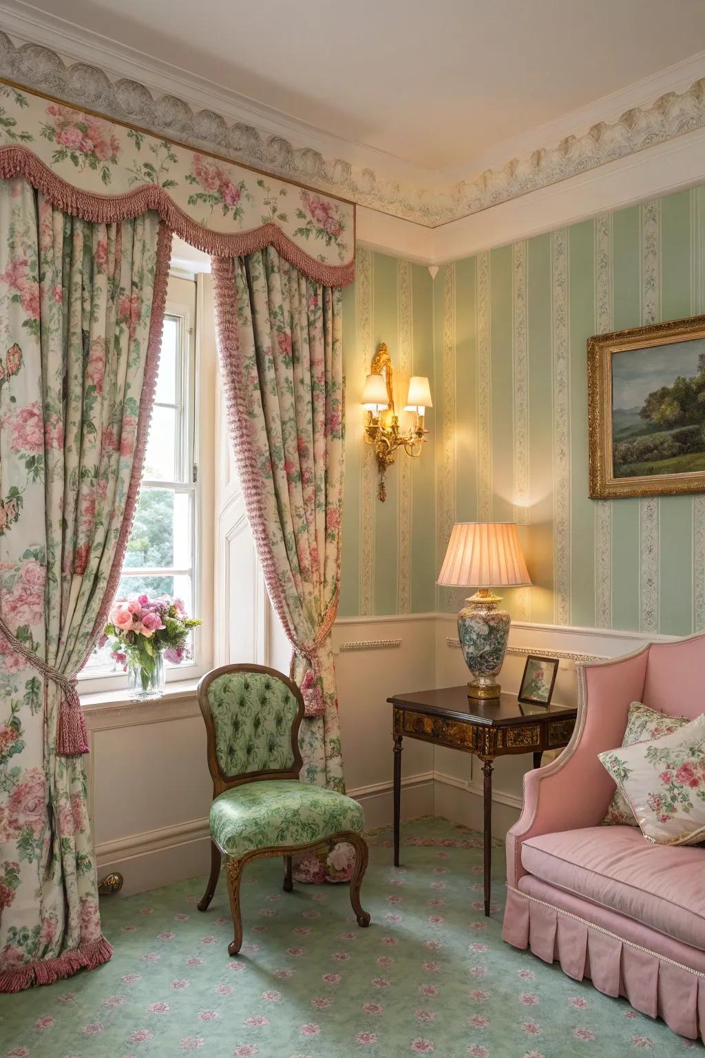 Classic pink and green decor brings cozy elegance.