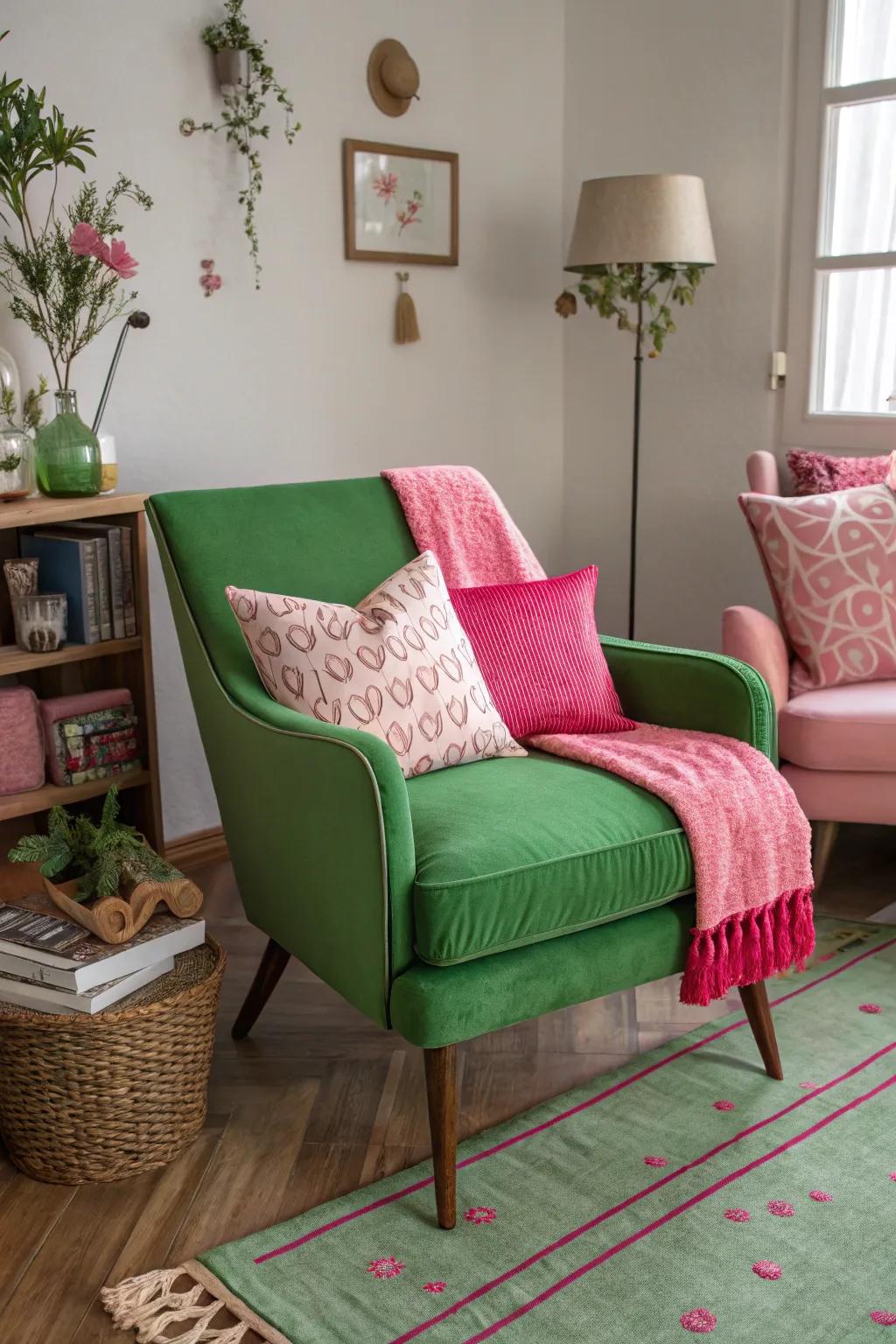 A verdant chair paired with rose-colored accessories produces a striking contrast.