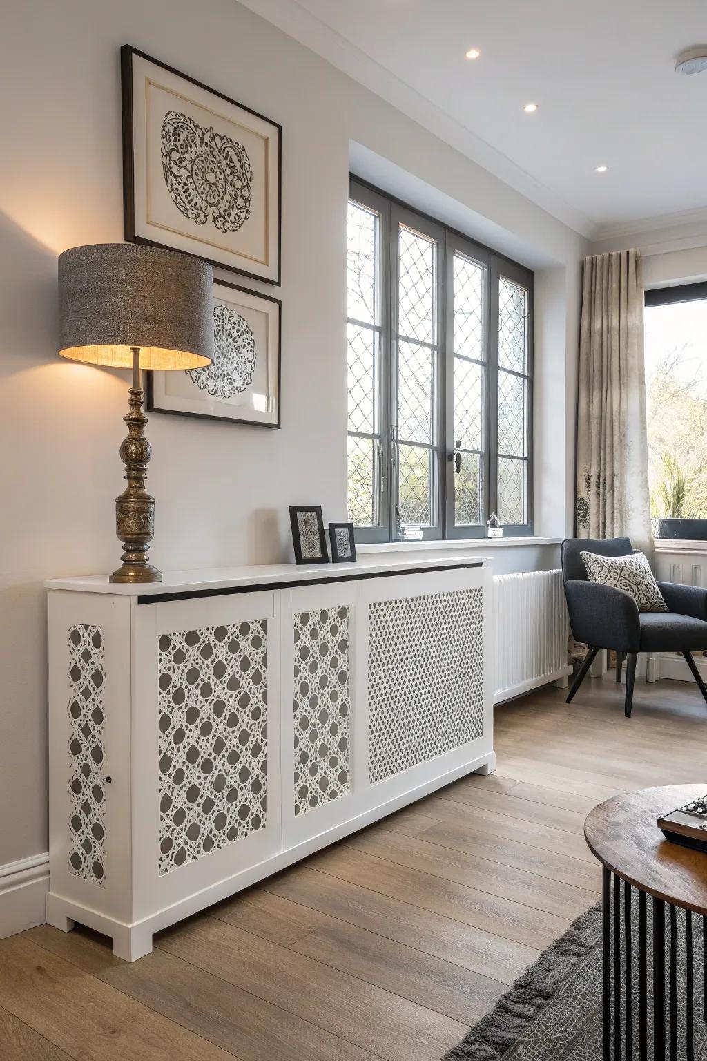 A radiator shield featuring customizable panels for personal expression.