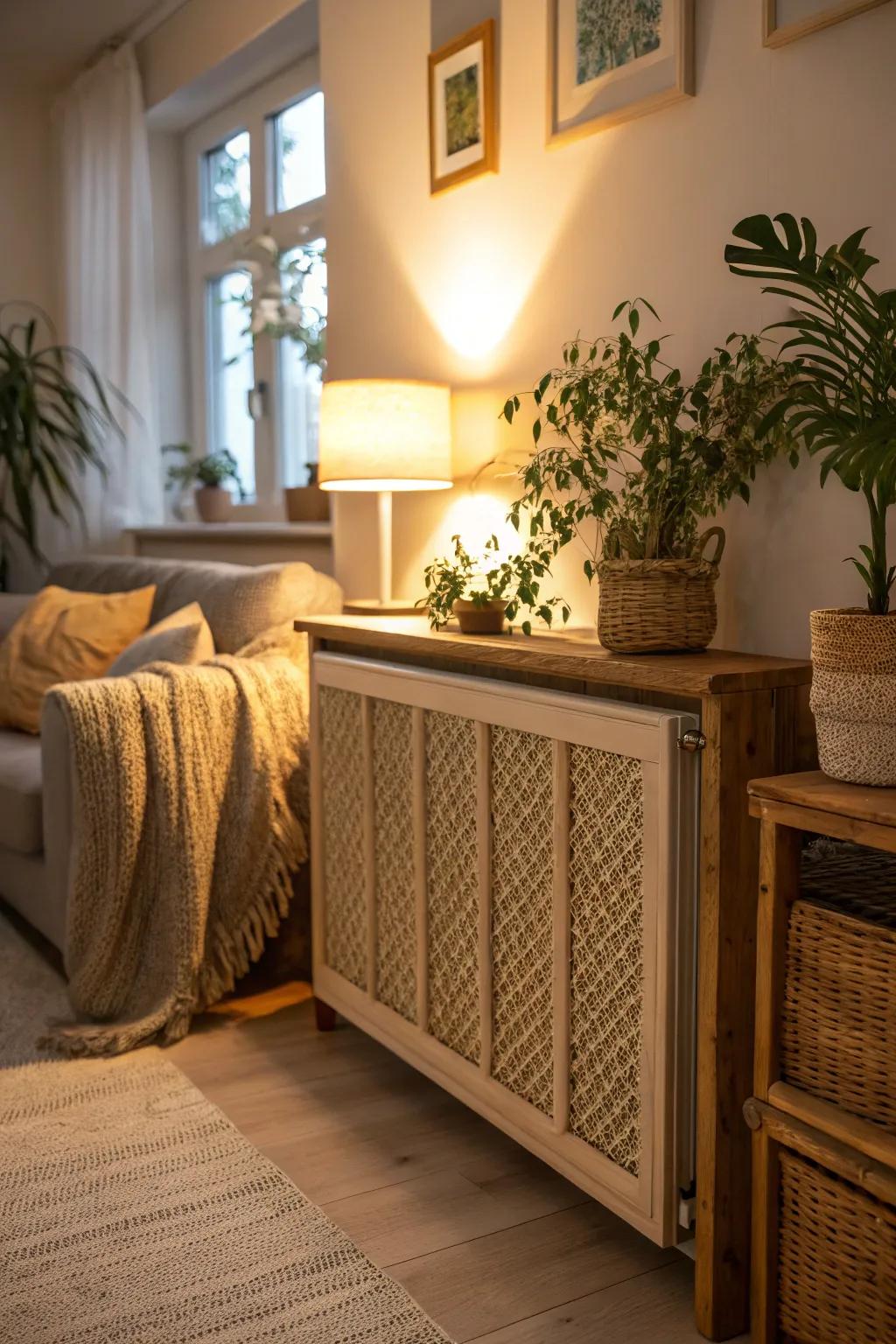 A radiator shield with inviting woven textures.