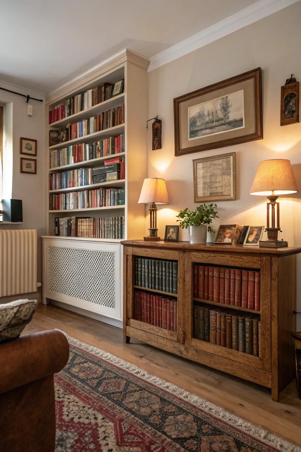 A radiator shield featuring integrated bookshelves.