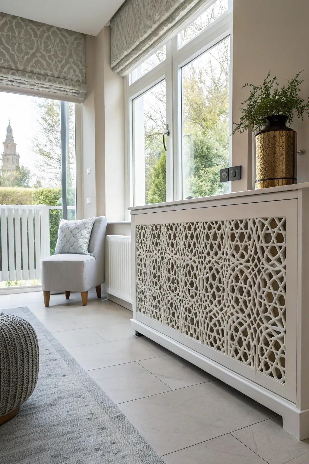A radiator shield featuring eye-catching geometric grilles.